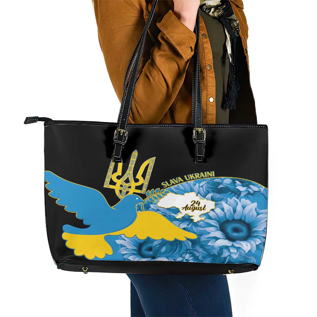 Ukraine Independence Day Leather Tote Bag Slava Ukraini Ukrainian Trident With Sunflowers LT14