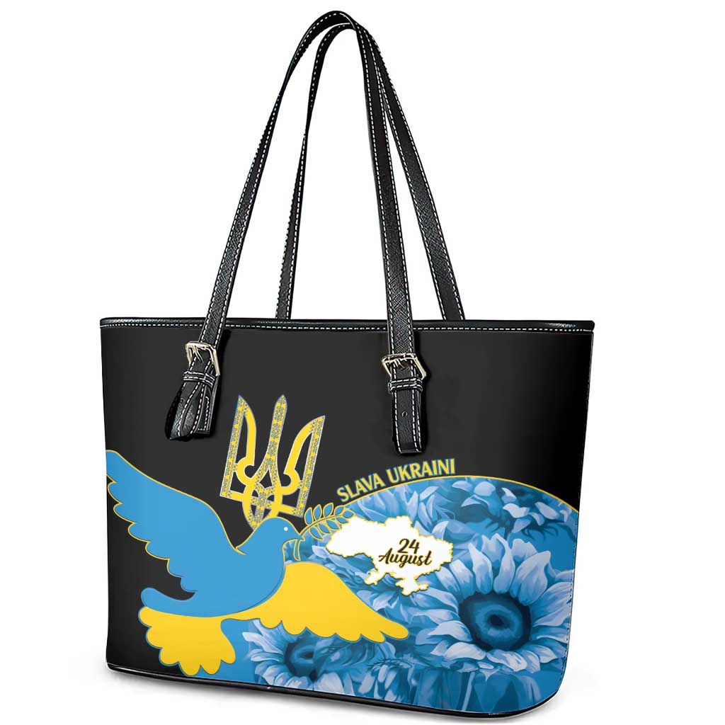 Ukraine Independence Day Leather Tote Bag Slava Ukraini Ukrainian Trident With Sunflowers LT14