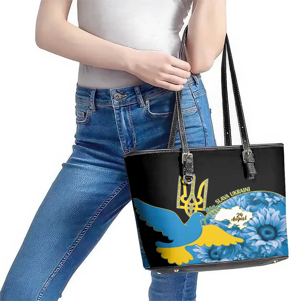 Ukraine Independence Day Leather Tote Bag Slava Ukraini Ukrainian Trident With Sunflowers LT14