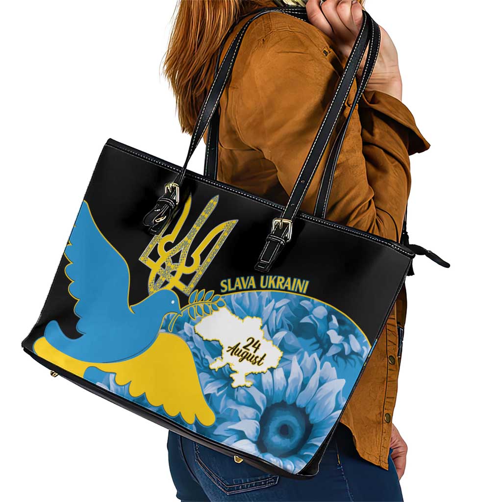 Ukraine Independence Day Leather Tote Bag Slava Ukraini Ukrainian Trident With Sunflowers LT14