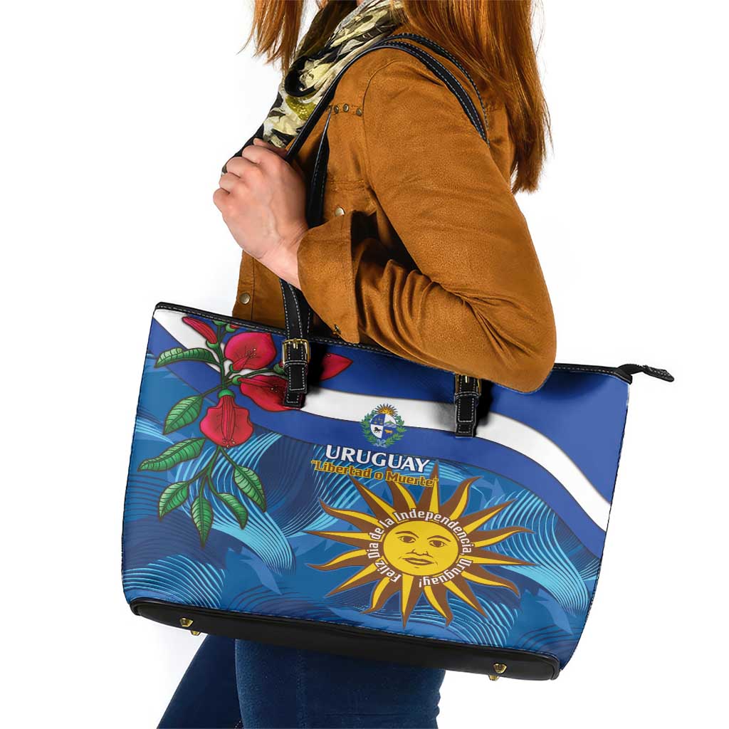 Uruguay Independence Day Leather Tote Bag 25 De Agosto Coat Of Arms With Ceibo LT14