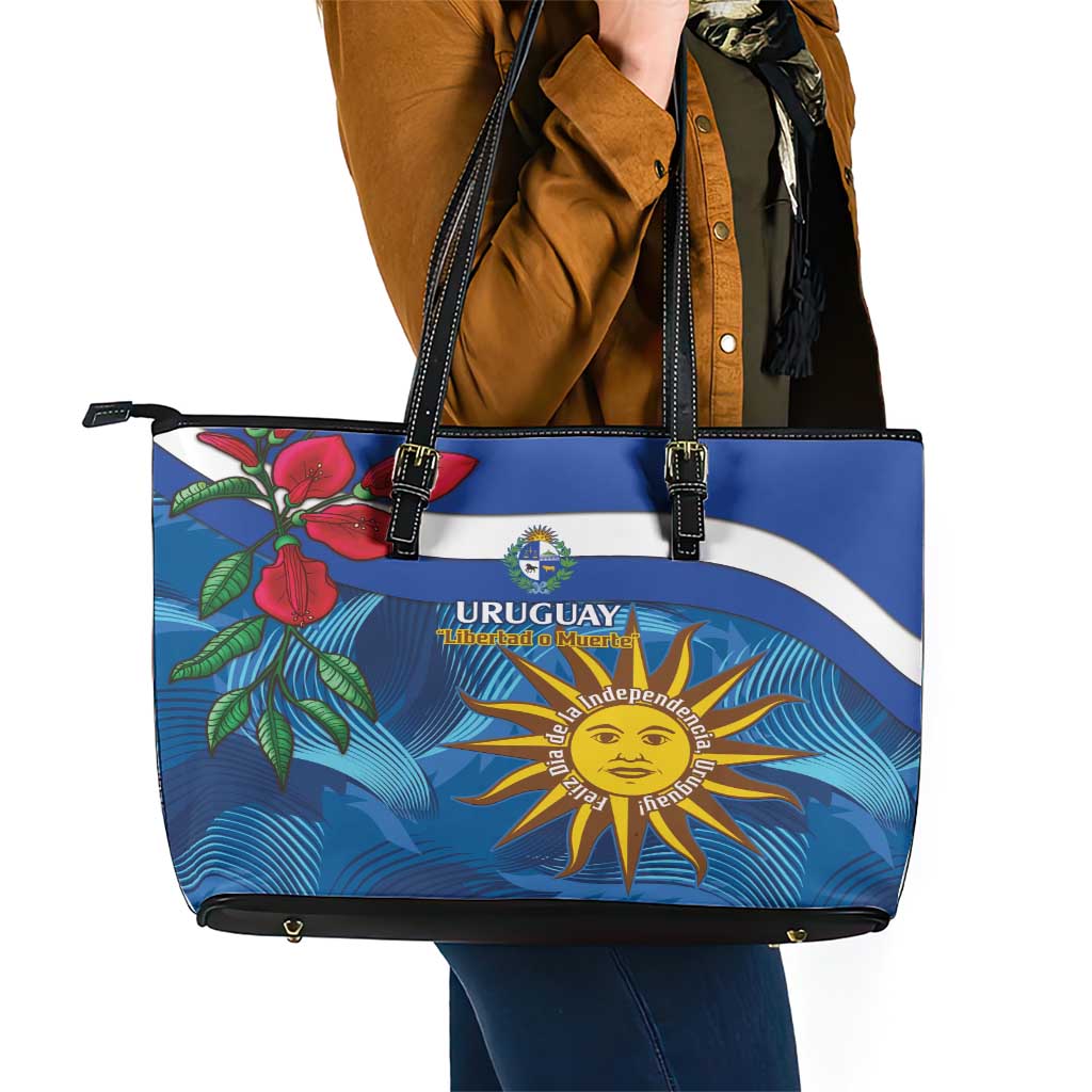 Uruguay Independence Day Leather Tote Bag 25 De Agosto Coat Of Arms With Ceibo LT14