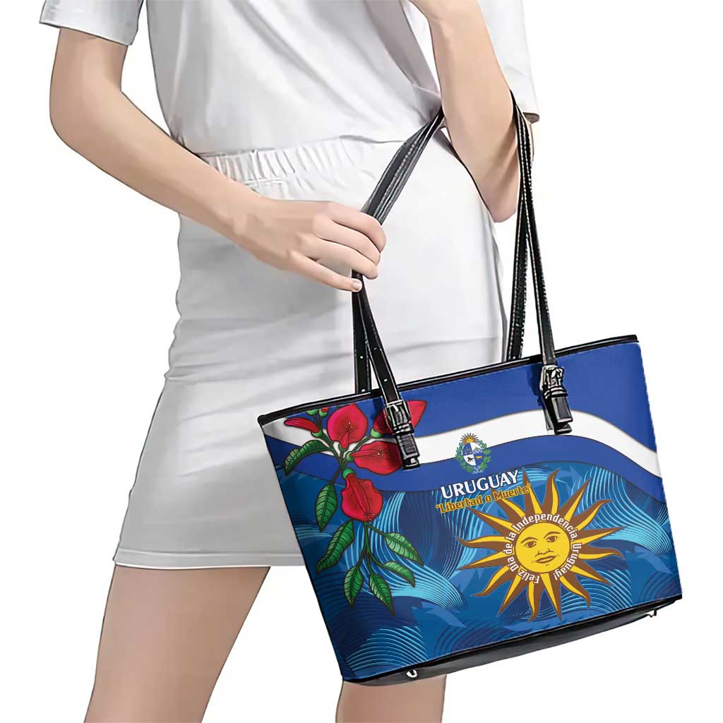 Uruguay Independence Day Leather Tote Bag 25 De Agosto Coat Of Arms With Ceibo LT14