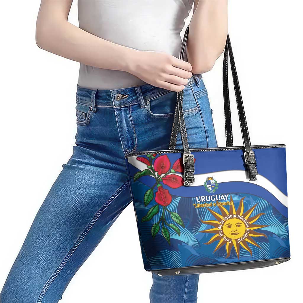 Uruguay Independence Day Leather Tote Bag 25 De Agosto Coat Of Arms With Ceibo LT14