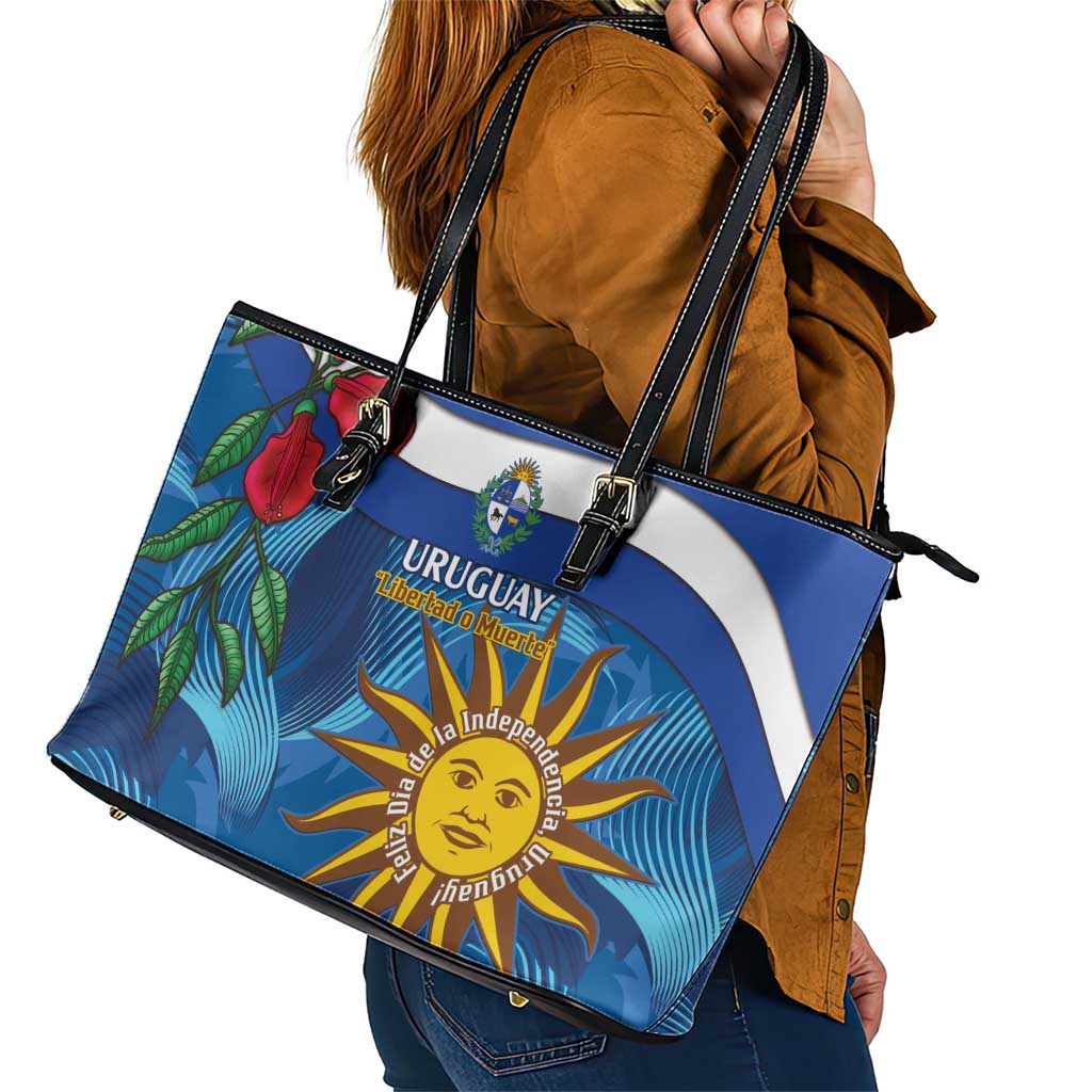 Uruguay Independence Day Leather Tote Bag 25 De Agosto Coat Of Arms With Ceibo LT14