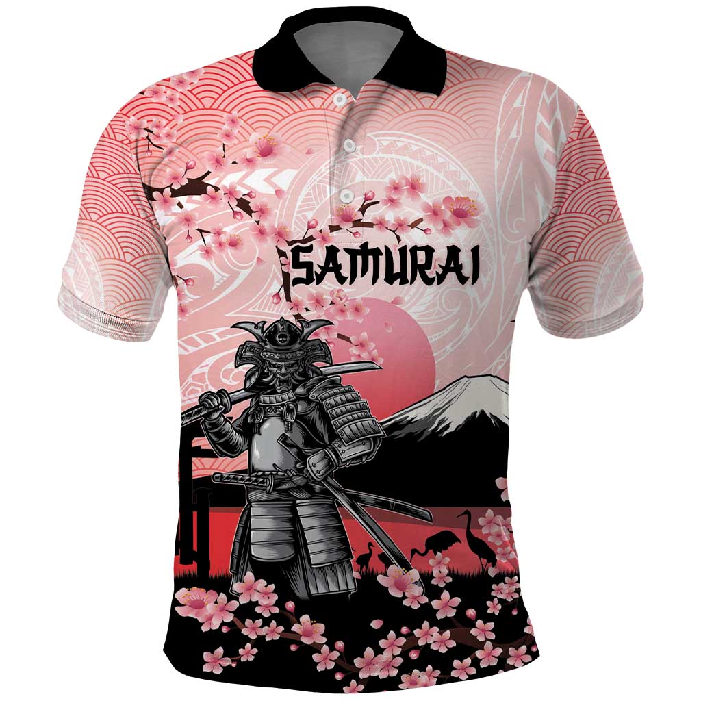 Personalised Japan Samurai Warrior Polo Shirt Japanese Cherry Blossom Polynesian Pattern LT14
