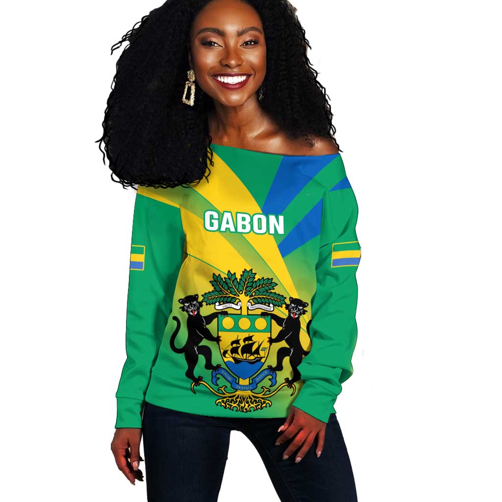Presonalised Gabon Off Shoulder Sweater Coat Of Arms With Flag Gradient Style LT14