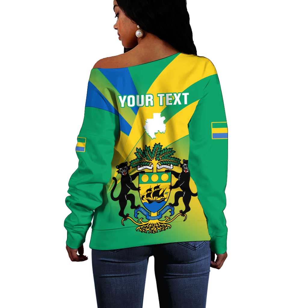 Presonalised Gabon Off Shoulder Sweater Coat Of Arms With Flag Gradient Style LT14