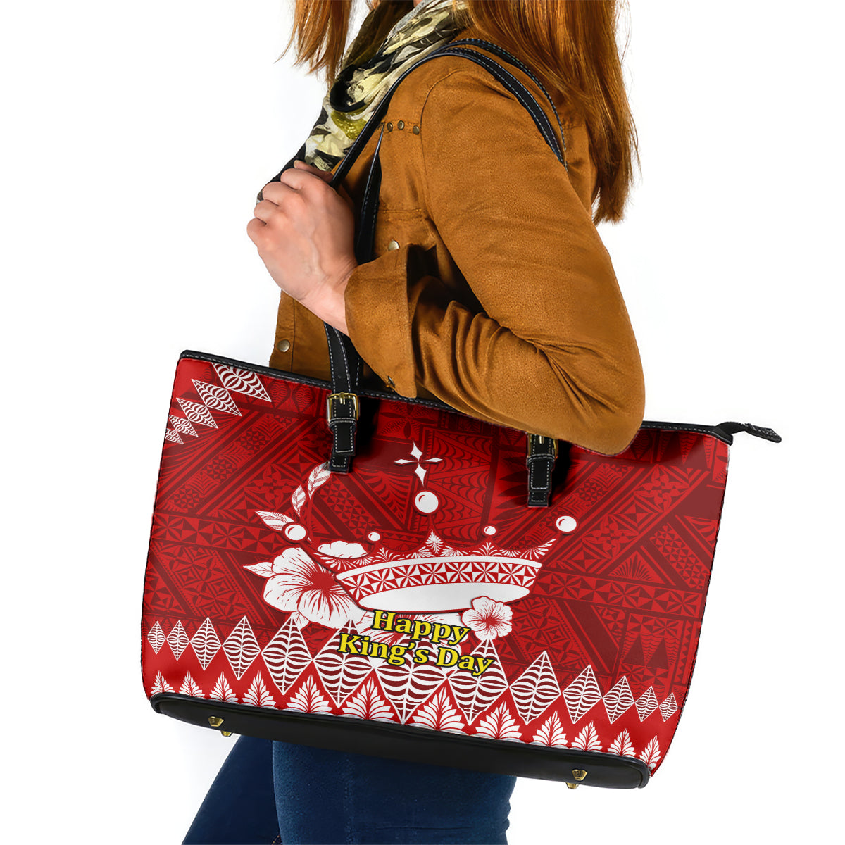 Personalised Tonga King Tupou I Day Leather Tote Bag Tongan Ngatu Pattern With Crown LT14