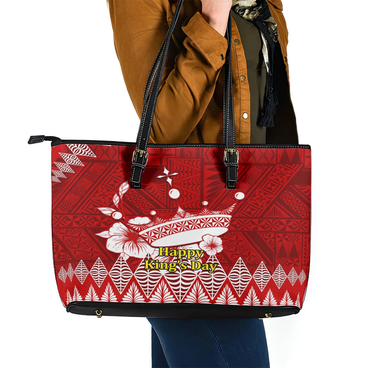 Personalised Tonga King Tupou I Day Leather Tote Bag Tongan Ngatu Pattern With Crown LT14