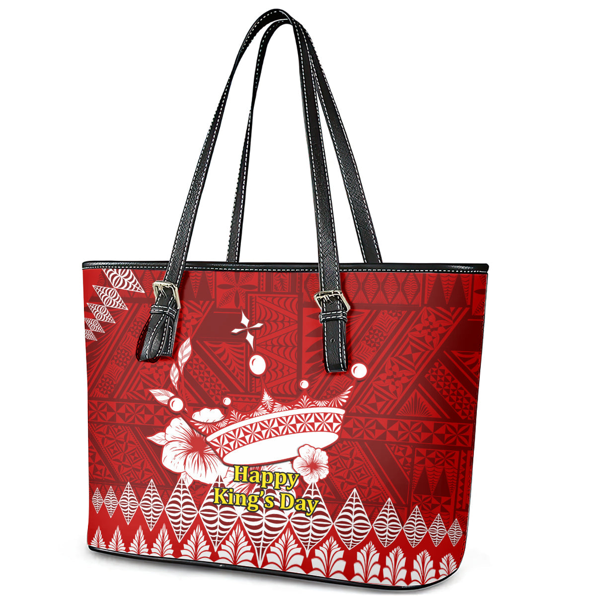 Personalised Tonga King Tupou I Day Leather Tote Bag Tongan Ngatu Pattern With Crown LT14