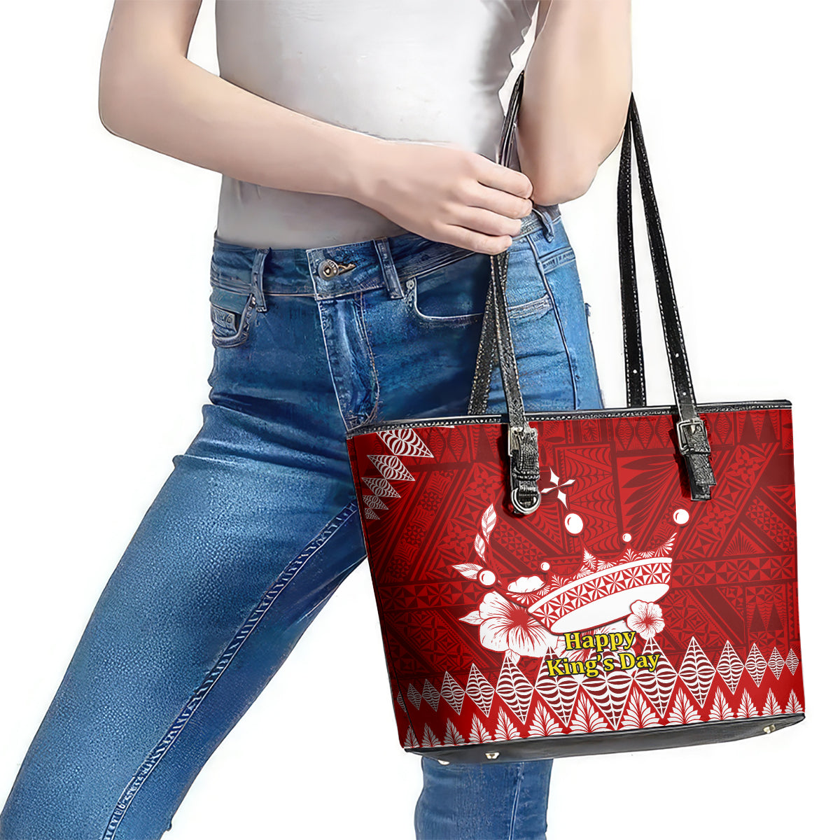 Personalised Tonga King Tupou I Day Leather Tote Bag Tongan Ngatu Pattern With Crown LT14