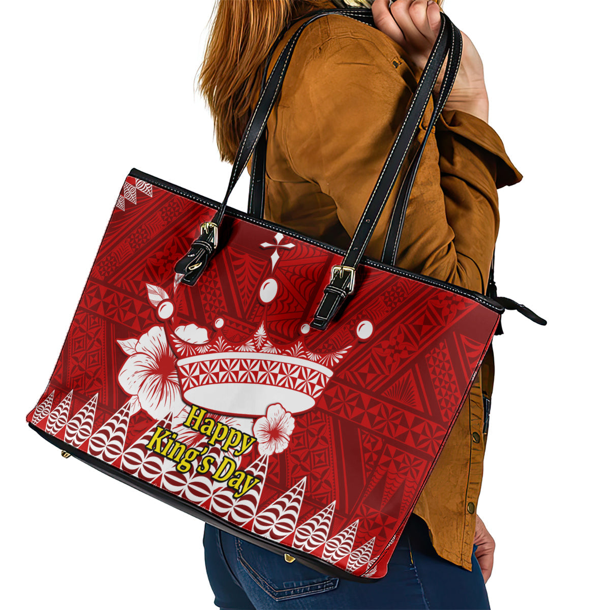 Personalised Tonga King Tupou I Day Leather Tote Bag Tongan Ngatu Pattern With Crown LT14