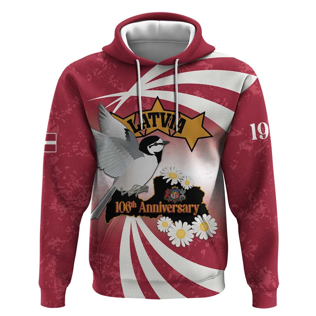 Personalised Latvia Independence Day Hoodie Latvija White Wagtail With Map 106th Anniversary LT14