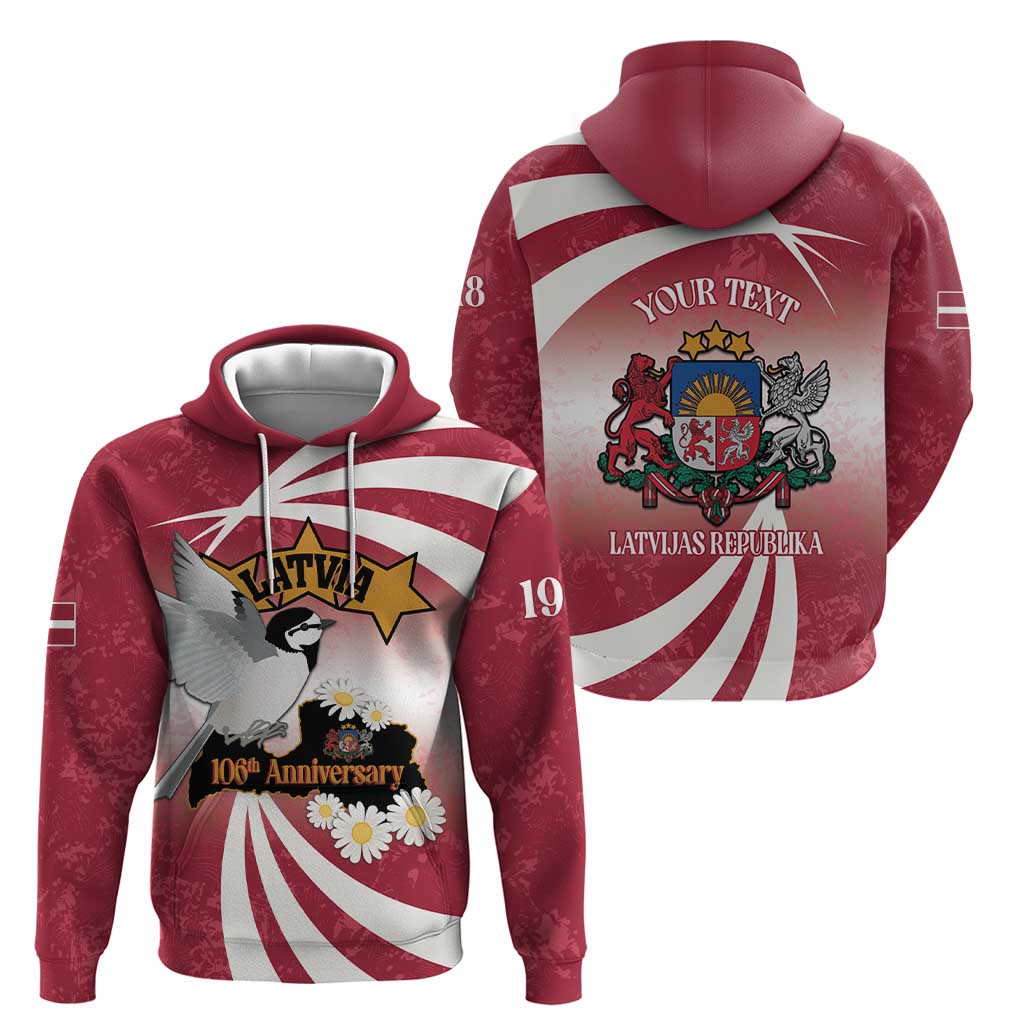 Personalised Latvia Independence Day Hoodie Latvija White Wagtail With Map 106th Anniversary LT14