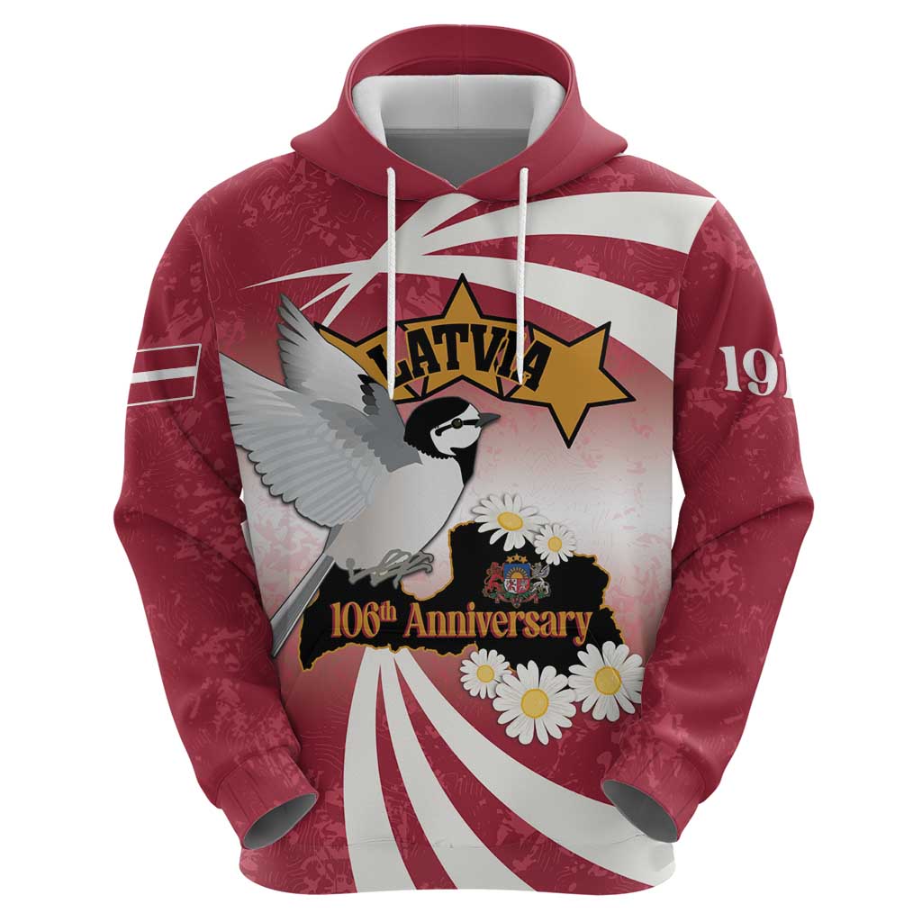 Personalised Latvia Independence Day Hoodie Latvija White Wagtail With Map 106th Anniversary LT14