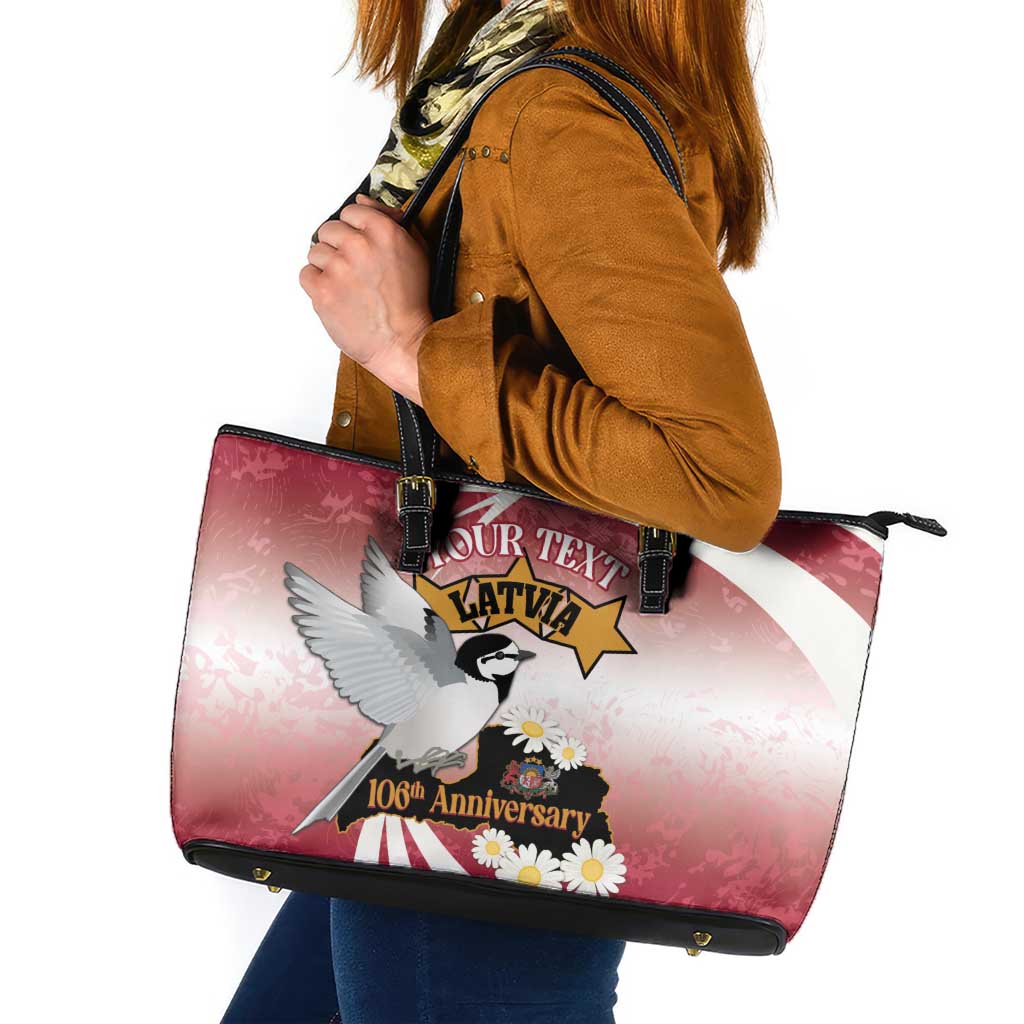Personalised Latvia Independence Day Leather Tote Bag Latvija White Wagtail With Map 106th Anniversary LT14