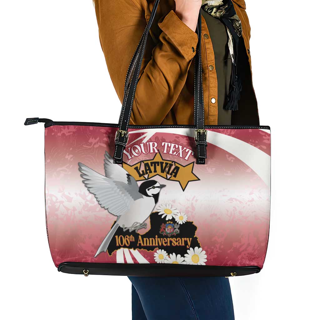 Personalised Latvia Independence Day Leather Tote Bag Latvija White Wagtail With Map 106th Anniversary LT14