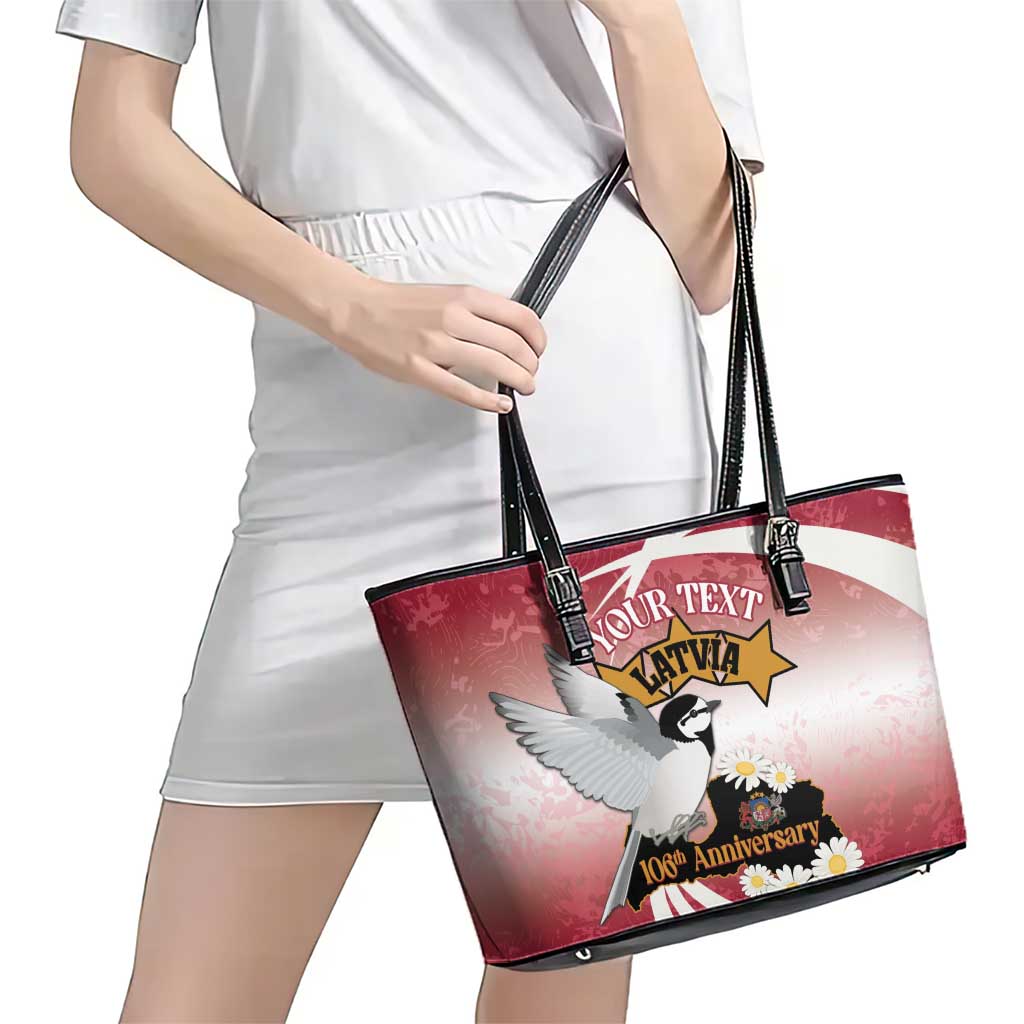 Personalised Latvia Independence Day Leather Tote Bag Latvija White Wagtail With Map 106th Anniversary LT14