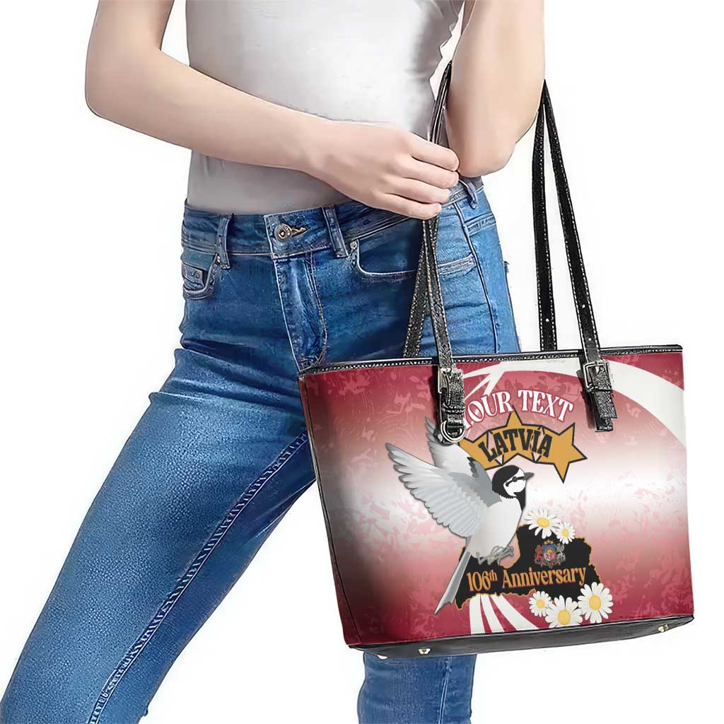 Personalised Latvia Independence Day Leather Tote Bag Latvija White Wagtail With Map 106th Anniversary LT14