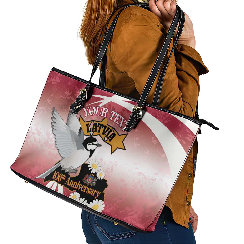 Personalised Latvia Independence Day Leather Tote Bag Latvija White Wagtail With Map 106th Anniversary LT14
