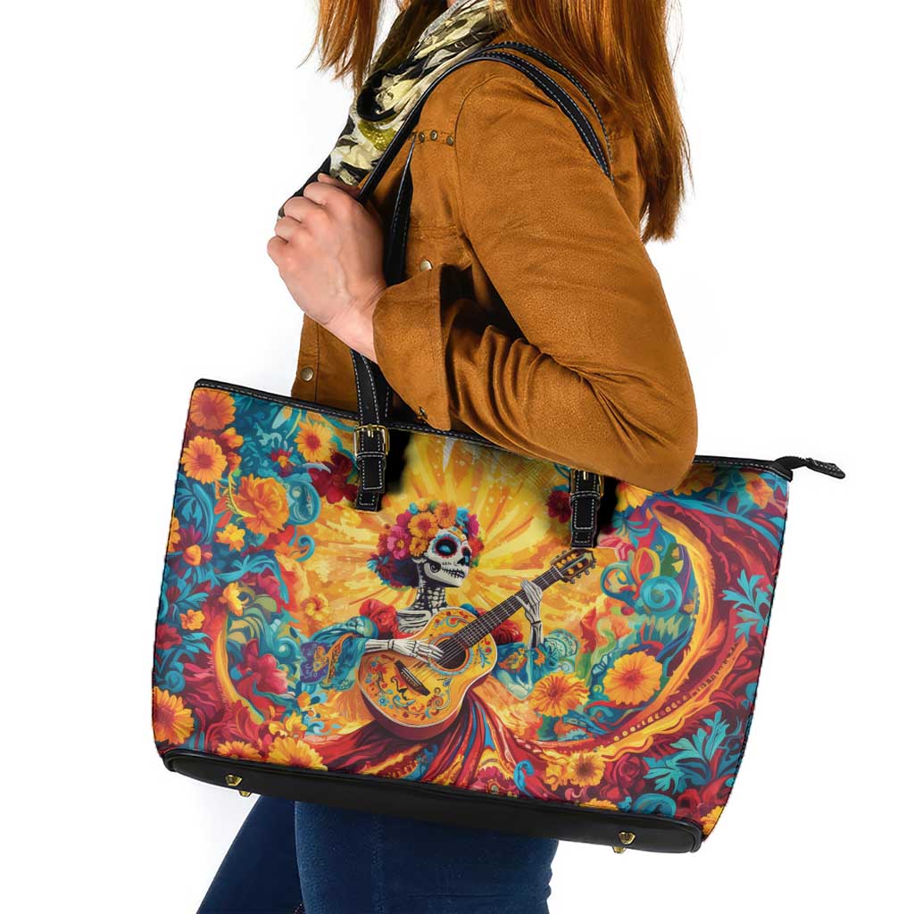 Mexico Day Of The Dead Leather Tote Bag Sugar Skull Girl With Guitar Colorful Vibes LT14