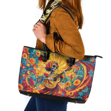 Mexico Day Of The Dead Leather Tote Bag Sugar Skull Girl With Guitar Colorful Vibes LT14
