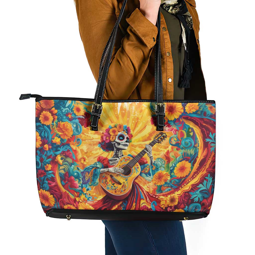 Mexico Day Of The Dead Leather Tote Bag Sugar Skull Girl With Guitar Colorful Vibes LT14