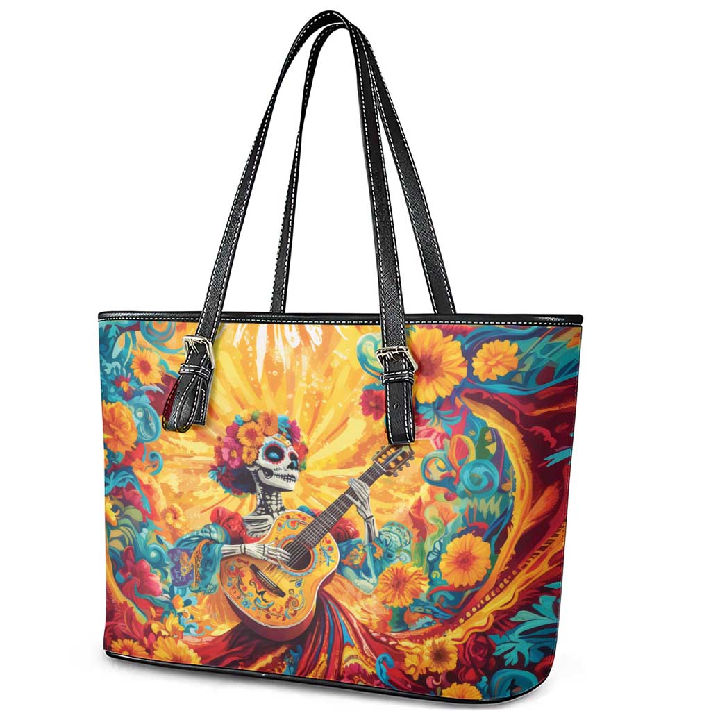 Mexico Day Of The Dead Leather Tote Bag Sugar Skull Girl With Guitar Colorful Vibes LT14