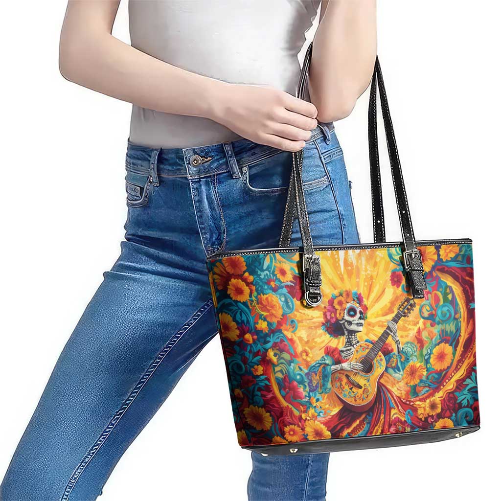 Mexico Day Of The Dead Leather Tote Bag Sugar Skull Girl With Guitar Colorful Vibes LT14