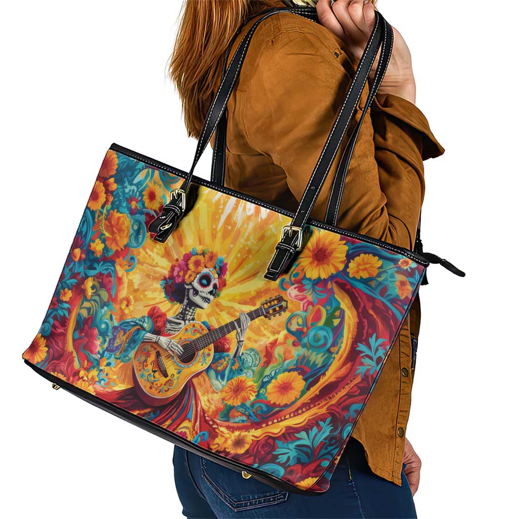 Mexico Day Of The Dead Leather Tote Bag Sugar Skull Girl With Guitar Colorful Vibes LT14