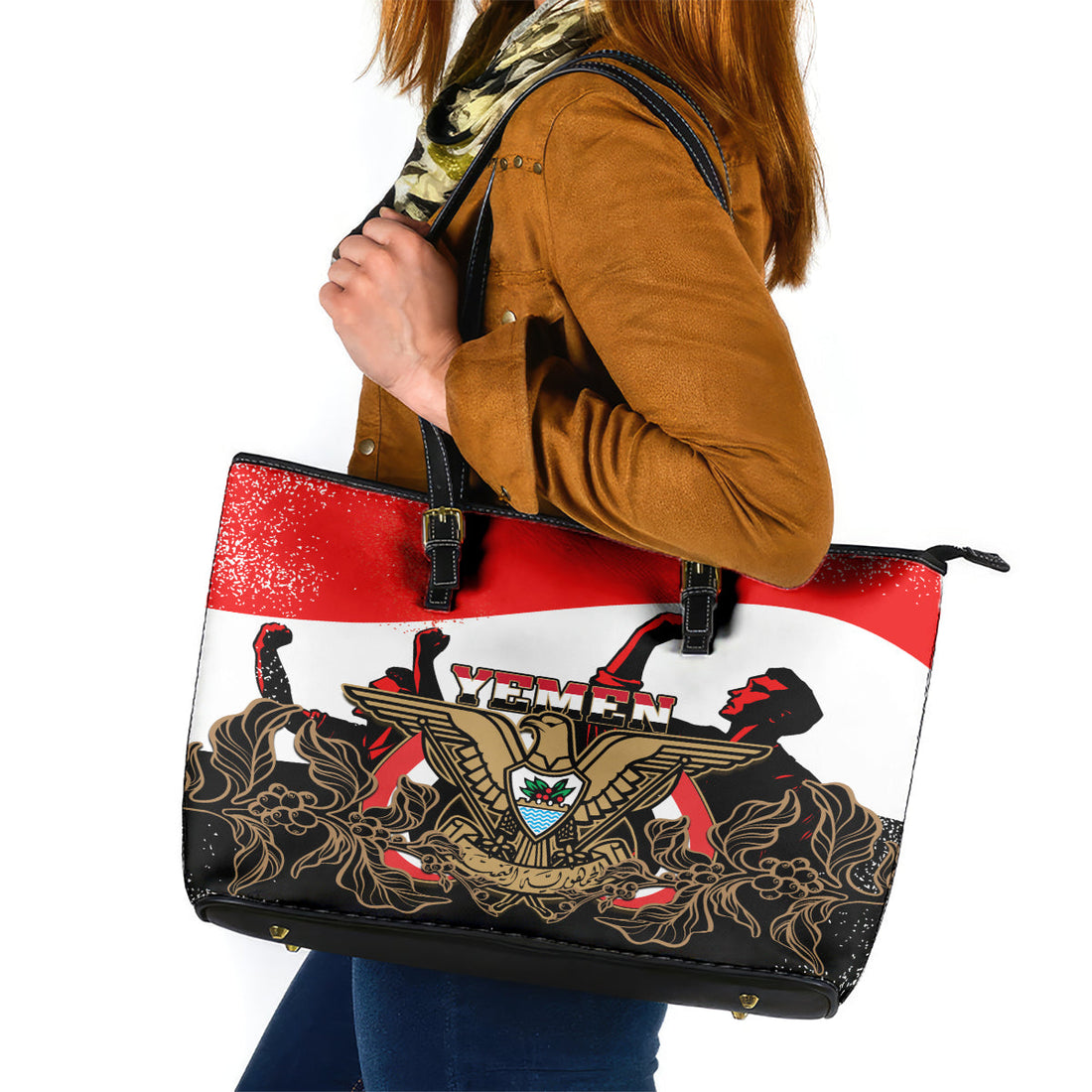 Yemen Independence Day Leather Tote Bag Yemeni Coat Of Arms With Coffea Arabica Flowers LT14