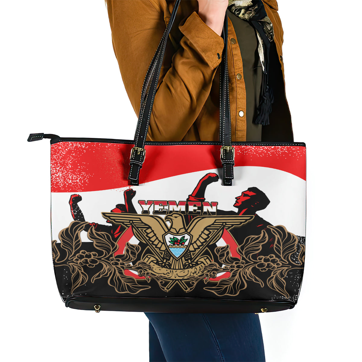 Yemen Independence Day Leather Tote Bag Yemeni Coat Of Arms With Coffea Arabica Flowers LT14