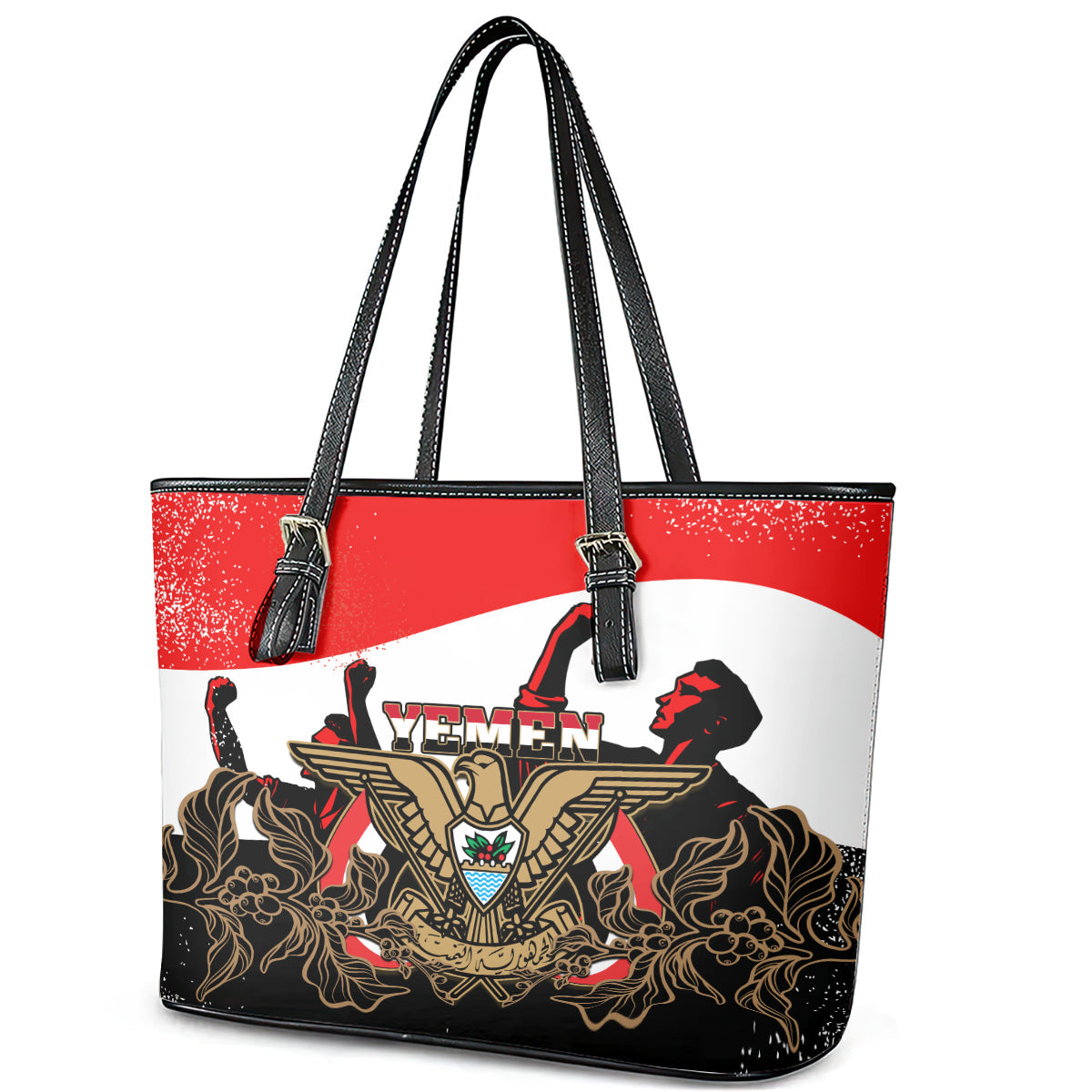 Yemen Independence Day Leather Tote Bag Yemeni Coat Of Arms With Coffea Arabica Flowers LT14