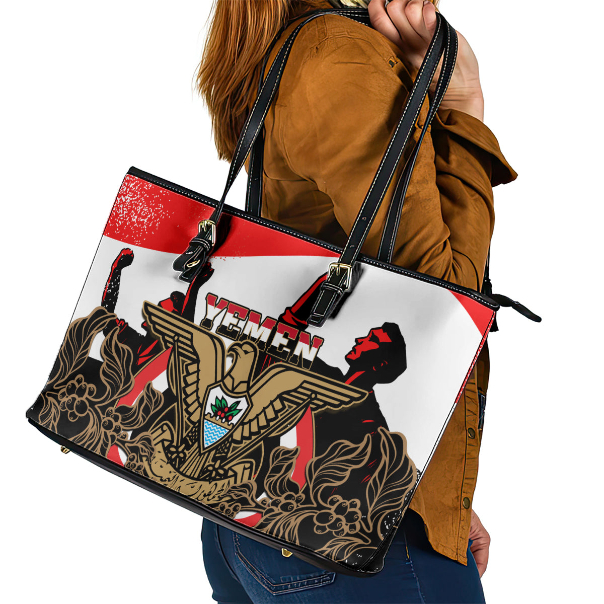Yemen Independence Day Leather Tote Bag Yemeni Coat Of Arms With Coffea Arabica Flowers LT14