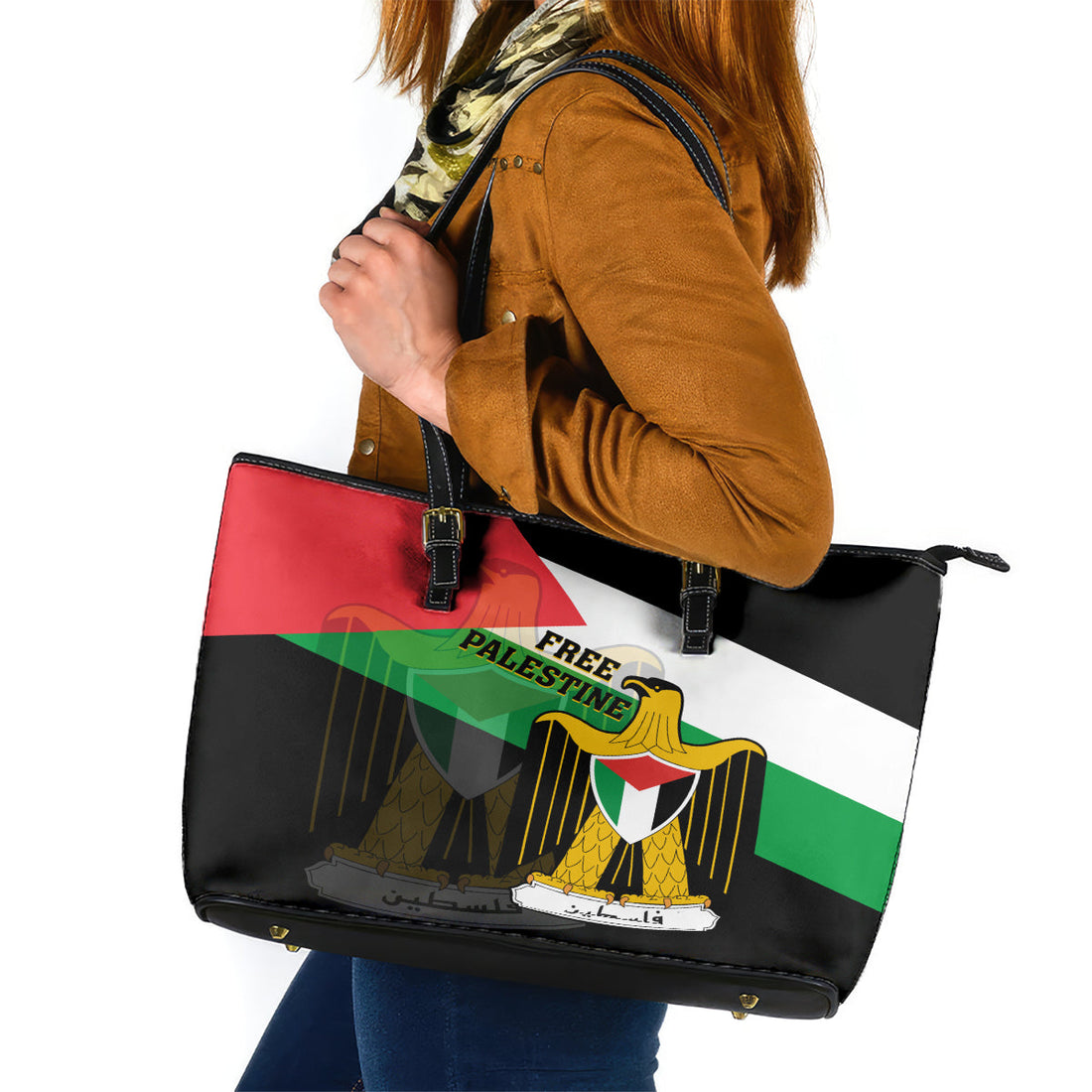 Free Palestine Leather Tote Bag Coat Of Arms Mix Flag Style LT14