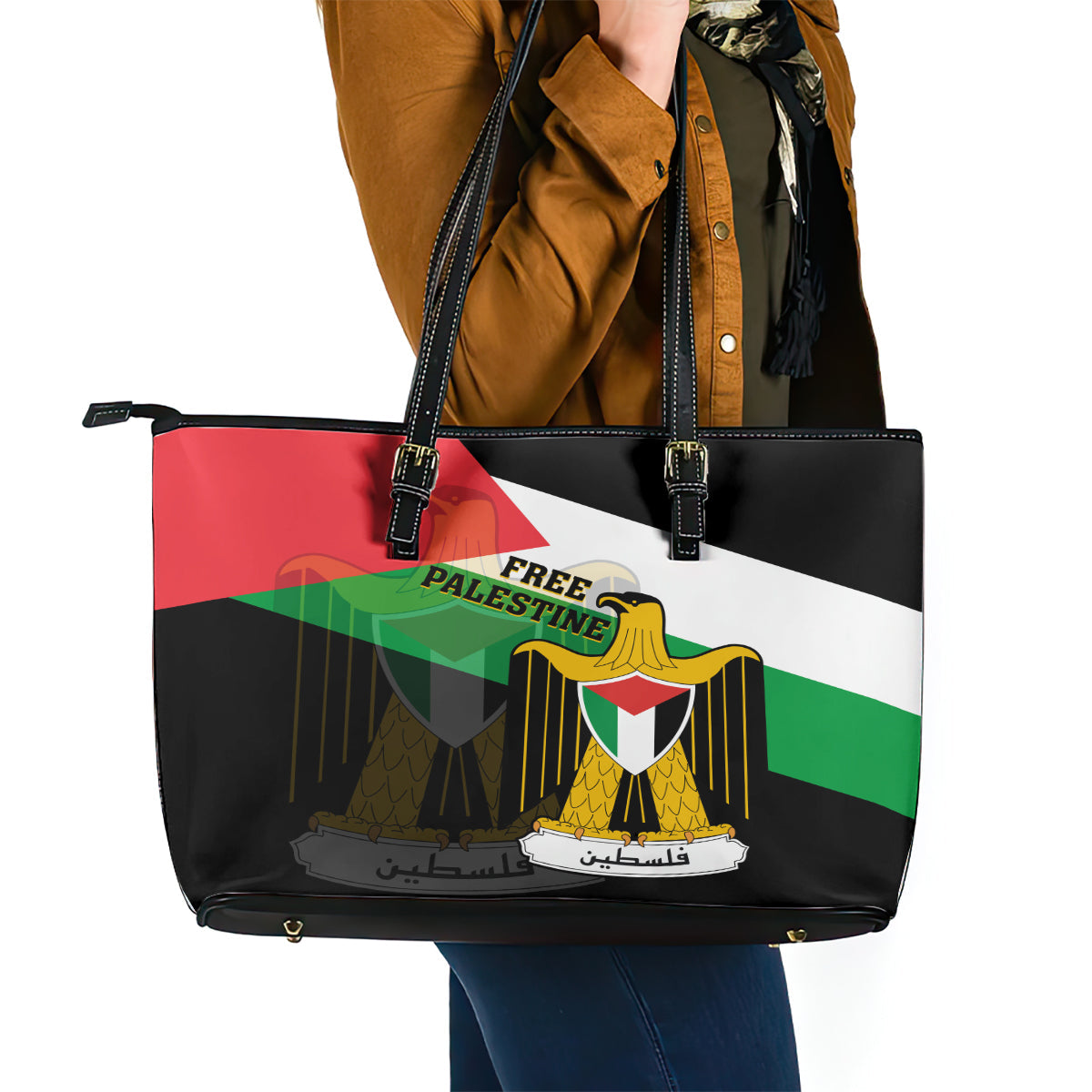 Free Palestine Leather Tote Bag Coat Of Arms Mix Flag Style LT14