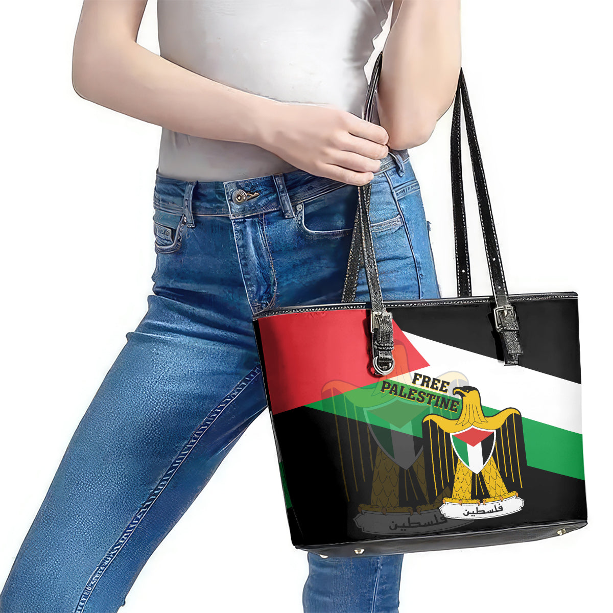 Free Palestine Leather Tote Bag Coat Of Arms Mix Flag Style LT14