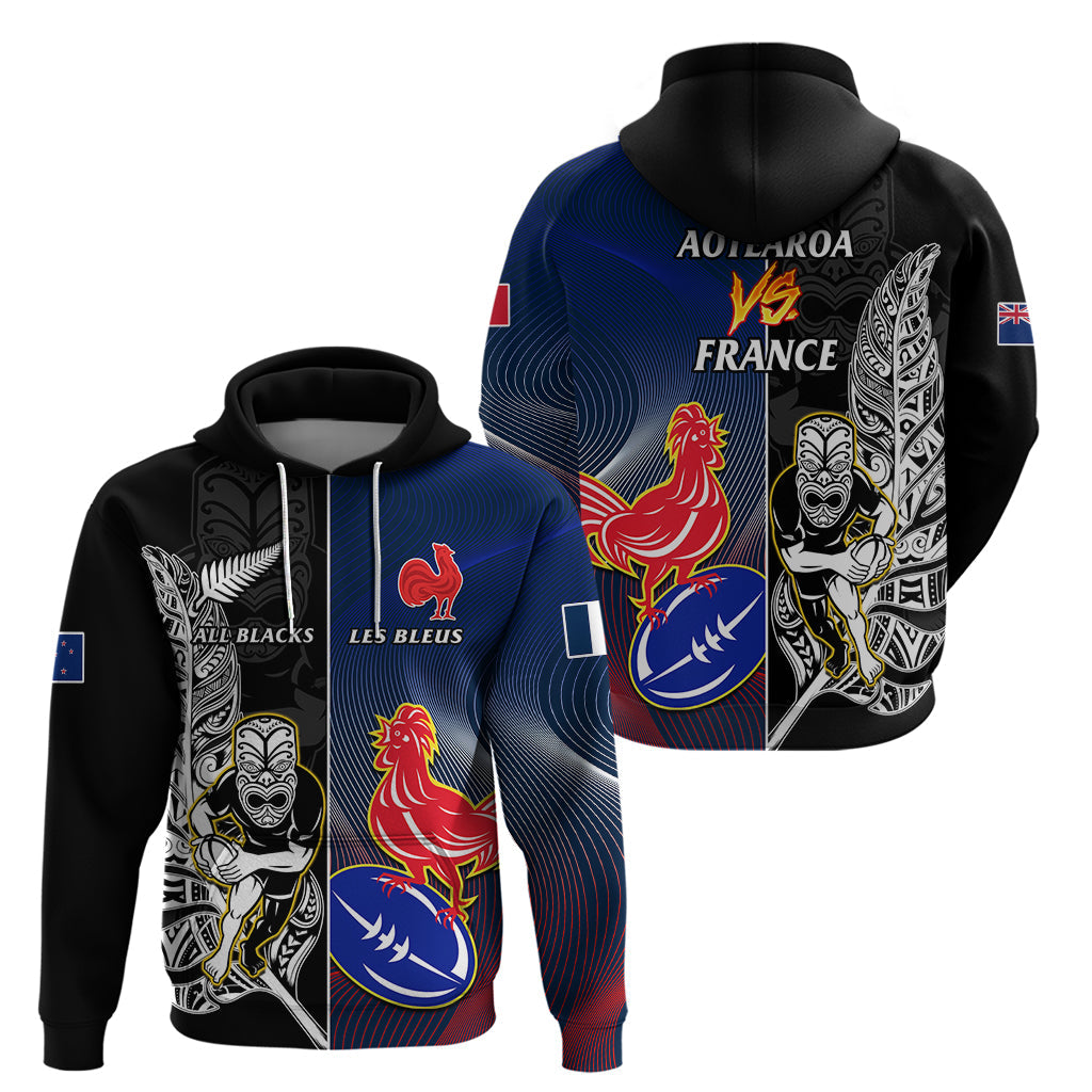 New Zealand And France Rugby Hoodie All Black With Les Bleus Together 2023 World Cup LT14