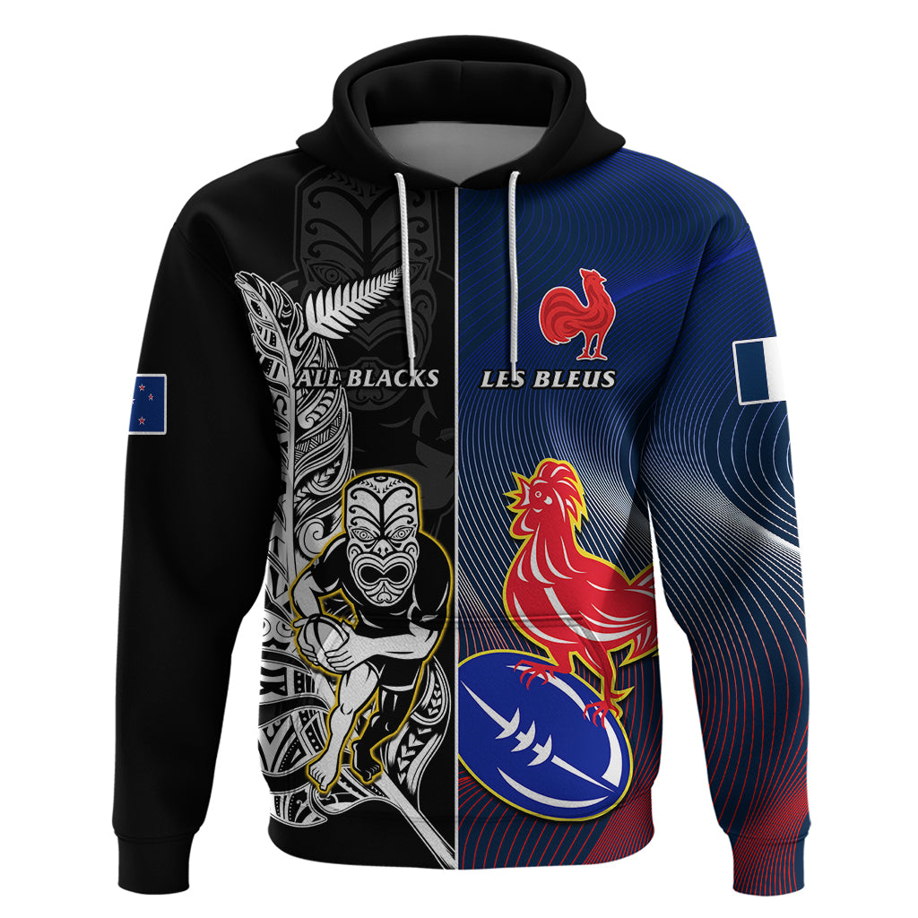 Custom New Zealand And France Rugby Hoodie All Black With Les Bleus Together 2023 World Cup LT14