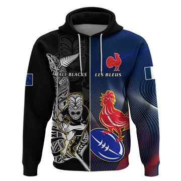 Custom New Zealand And France Rugby Hoodie All Black With Les Bleus Together 2023 World Cup LT14