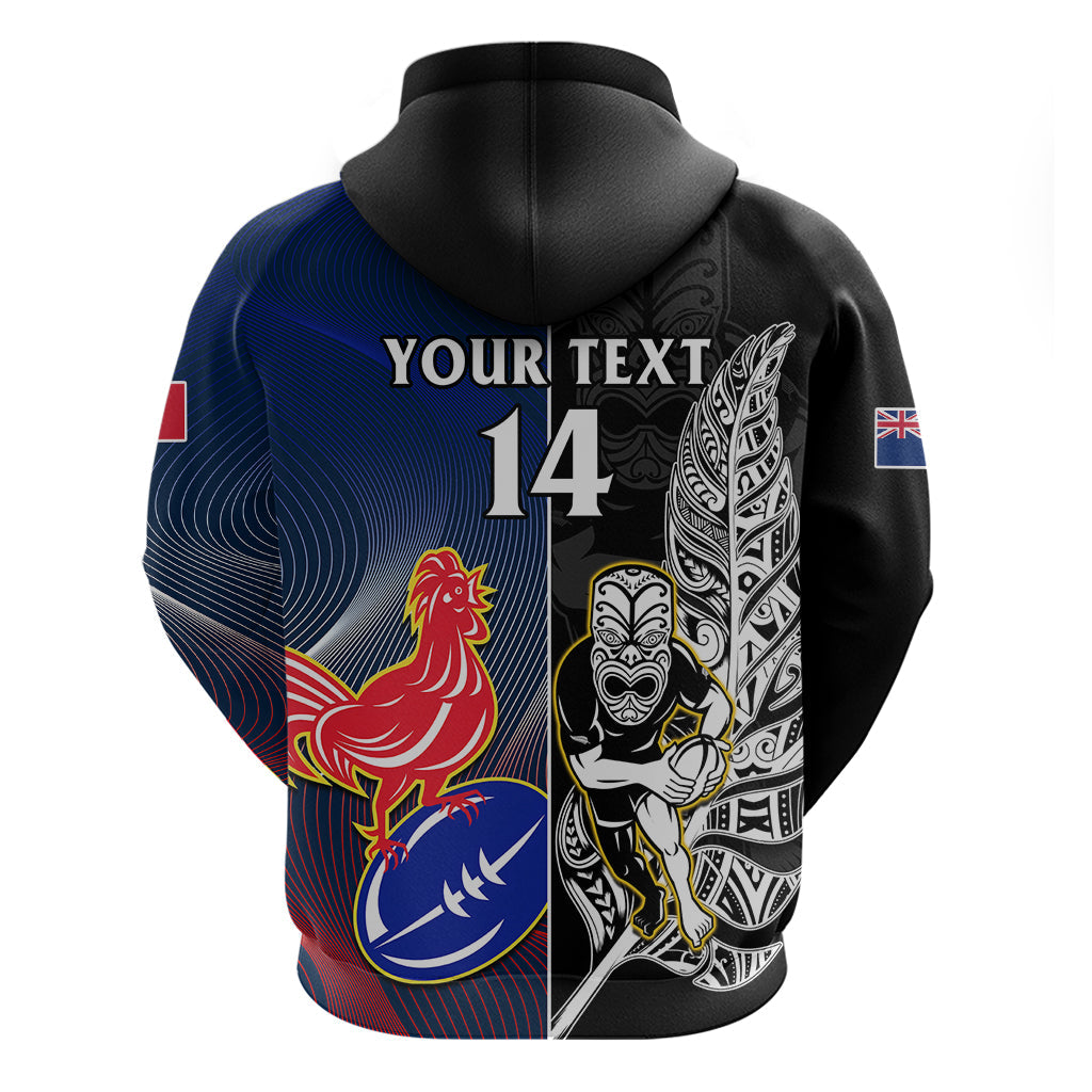 Custom New Zealand And France Rugby Hoodie All Black With Les Bleus Together 2023 World Cup LT14