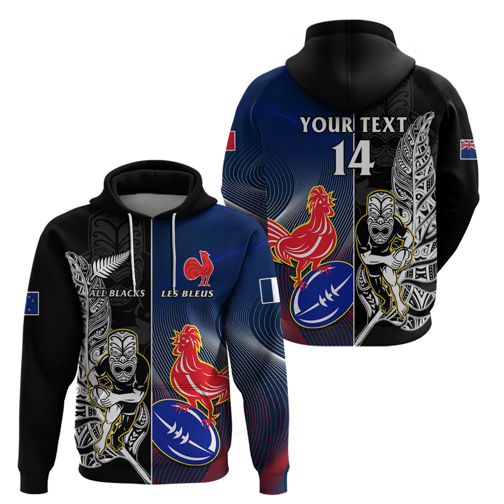 Custom New Zealand And France Rugby Hoodie All Black With Les Bleus Together 2023 World Cup LT14