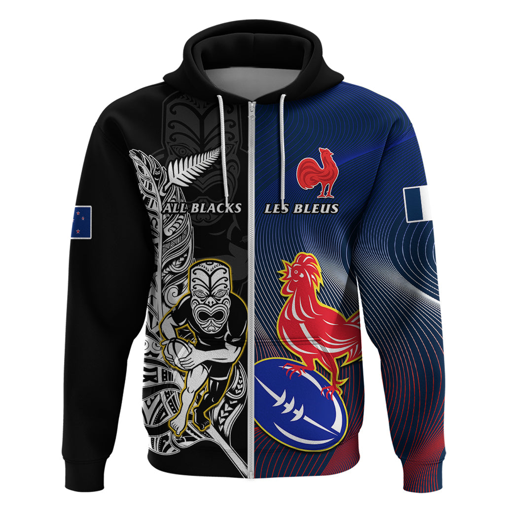 Custom New Zealand And France Rugby Hoodie All Black With Les Bleus Together 2023 World Cup LT14