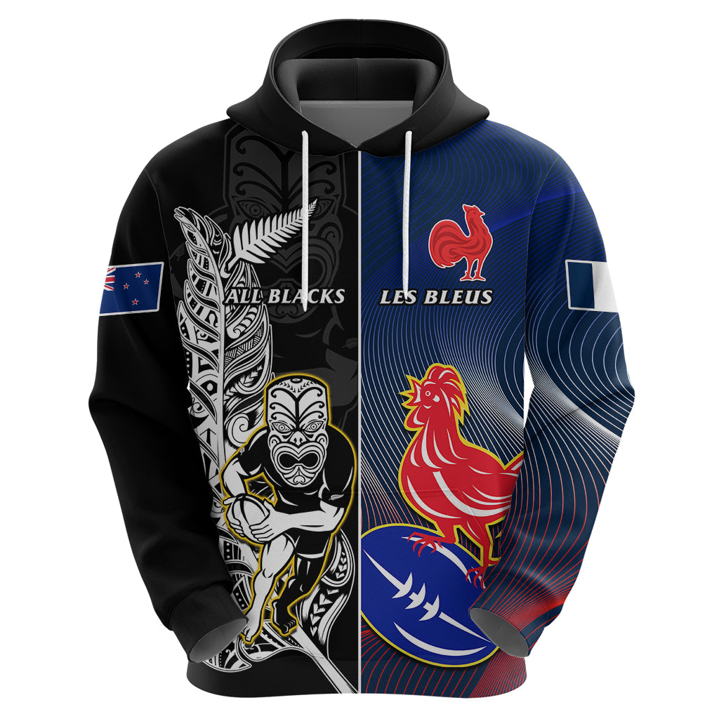 Custom New Zealand And France Rugby Hoodie All Black With Les Bleus Together 2023 World Cup LT14