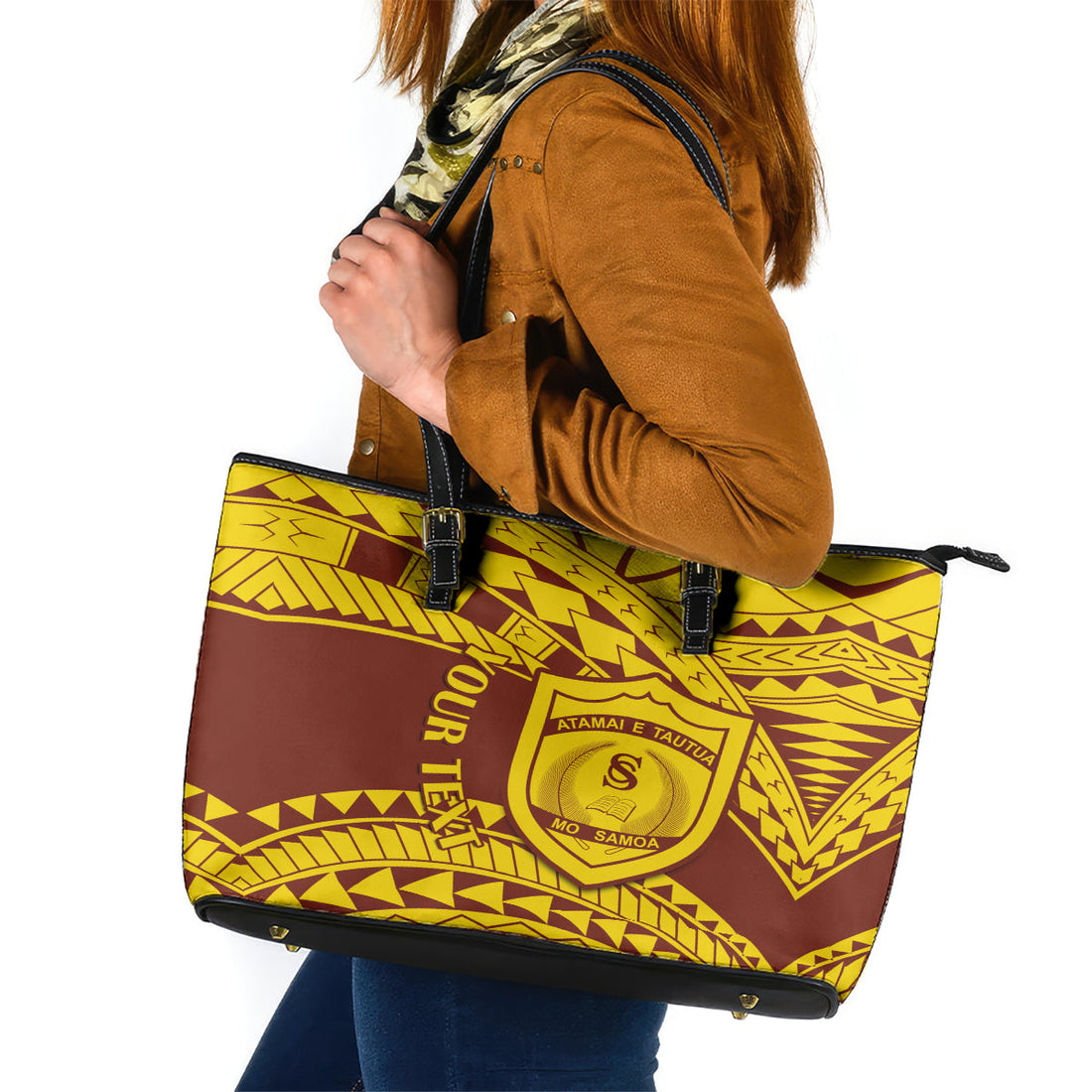 Personalised Samoa College Leather Tote Bag Samoan Pattern LT14