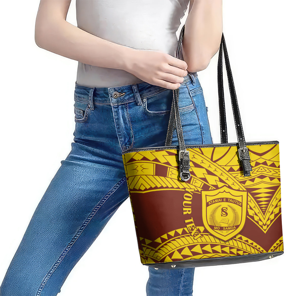 Personalised Samoa College Leather Tote Bag Samoan Pattern LT14