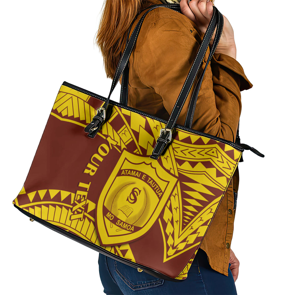 Personalised Samoa College Leather Tote Bag Samoan Pattern LT14