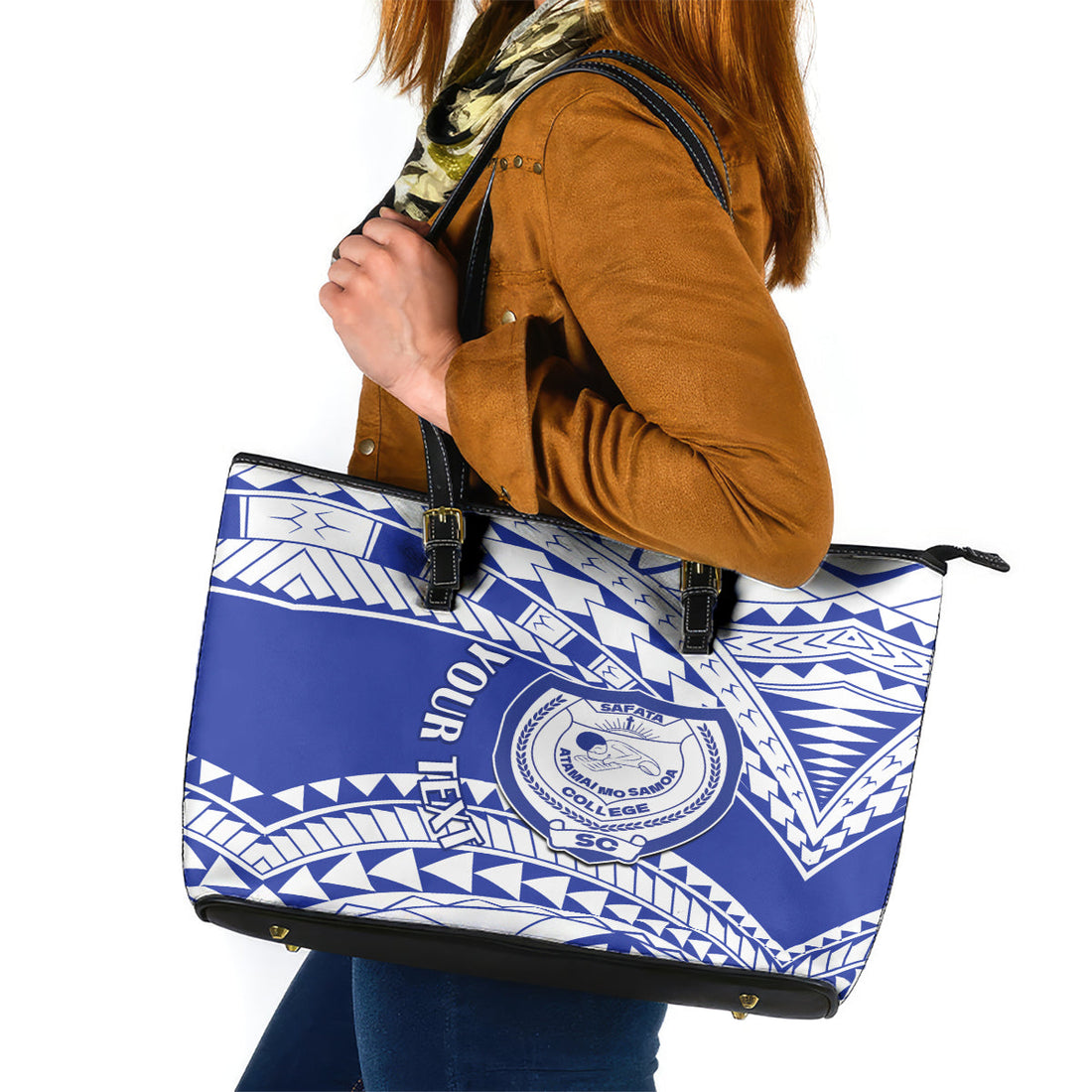 Personalised Samoa Safata College Leather Tote Bag Samoan Pattern LT14