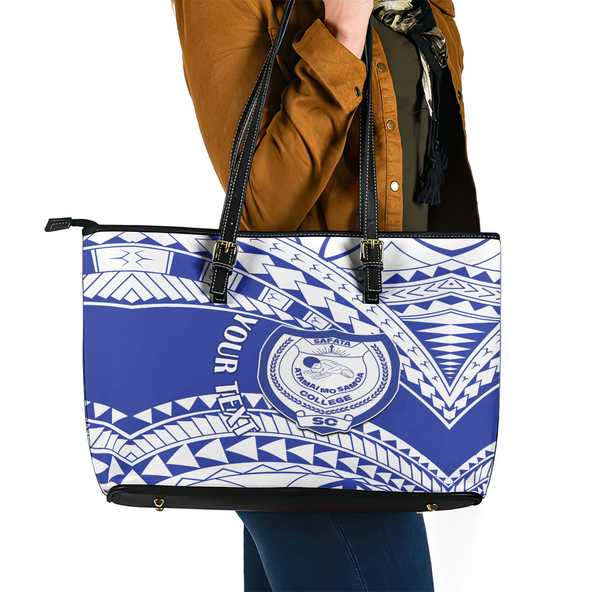 Personalised Samoa Safata College Leather Tote Bag Samoan Pattern LT14